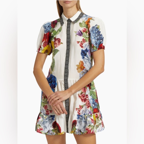 Alice + Olivia Claire Floral Puff-Sleeve Mini Shirtdress - Picture 2 of 8